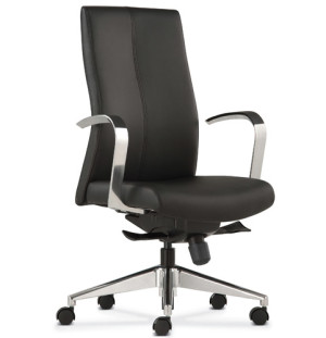 Trendway Sketch Black Leather High Back Chair with Metal Polished Aluminum Arms and Base SRX022